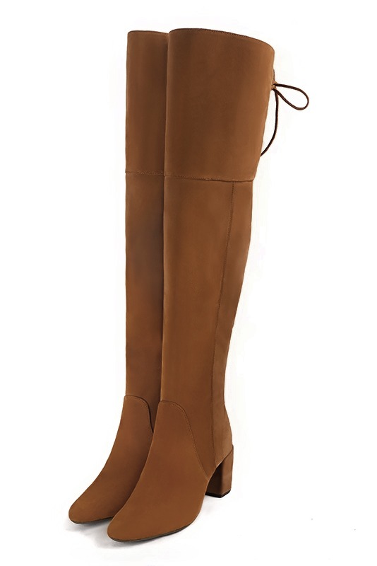 Caramel brown women's leather thigh-high boots. Round toe. Medium block heels. Made to measure. Front view - Florence KOOIJMAN